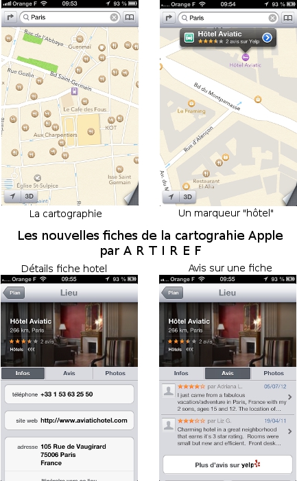 Nouvelles fiches hotel restaurant cartographie apple iphone